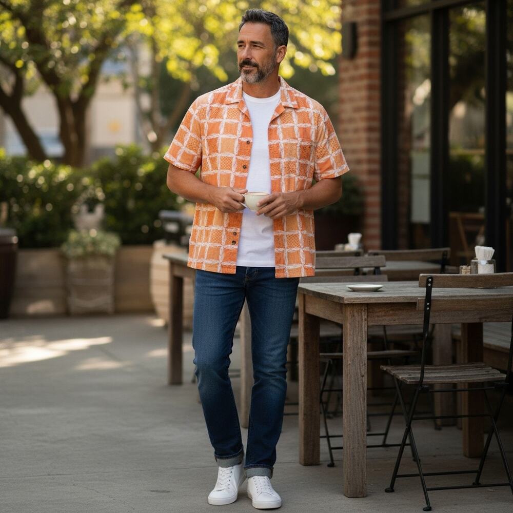 Junction West Camp Shirt Mens XXL Orange Geometric Button Up Short Sleeve